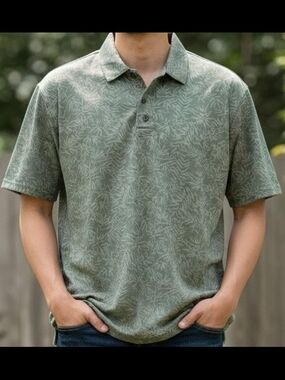 Haggar Mens Green Hawaiian Short Sleeve Polo Shirt Large Leaves Airy Polyester